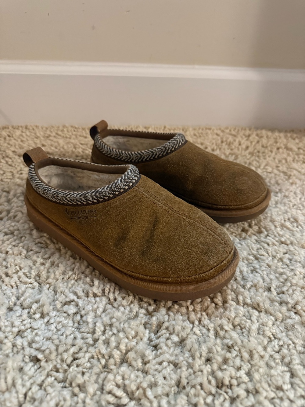 Koolaburra Kids Tan Suede Slip-On Slippers with Patterned Trim